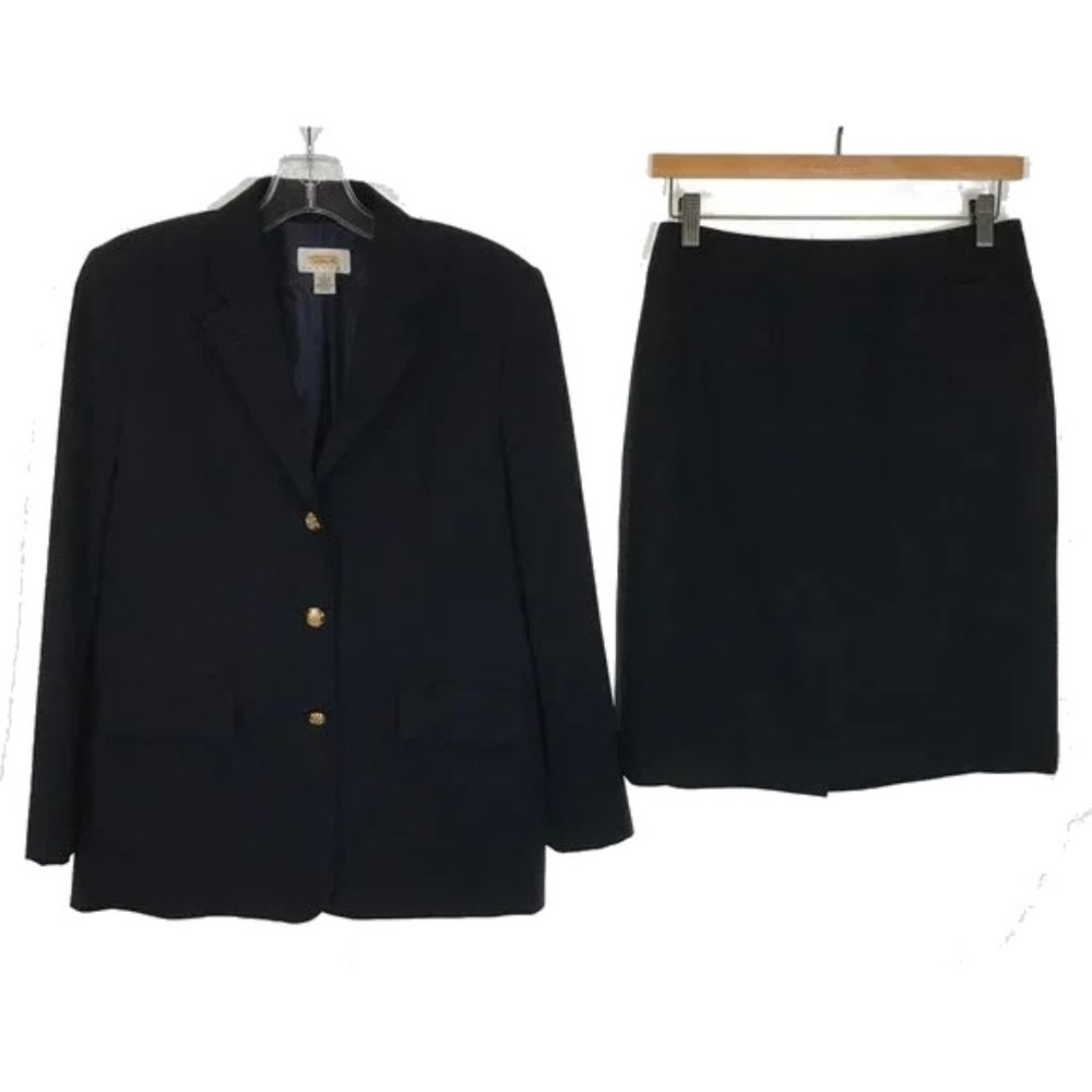 Womens Petite Size 6 6P Talbots Navy Blue Pure Wool Blazer and Skirt Suit Set